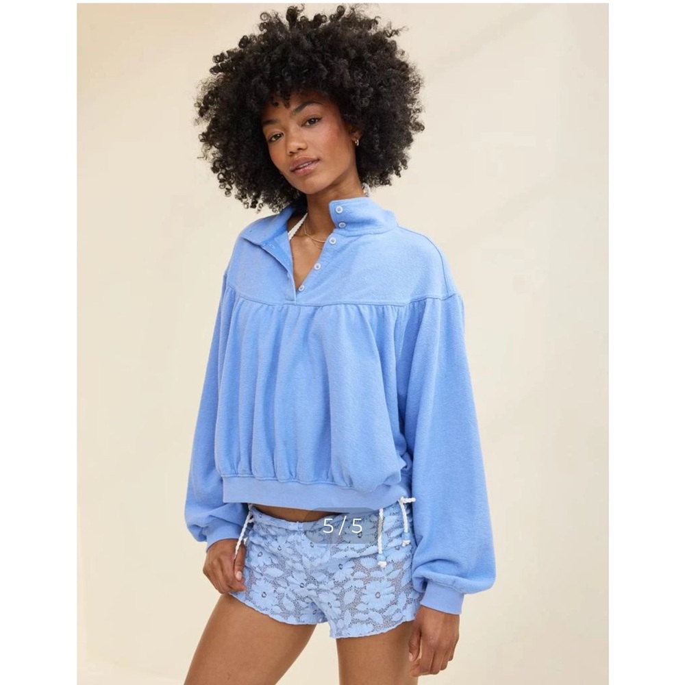 Aerie Soft Life Button Sweatshirt Woman Large Blue Oversized Lightweight 2025